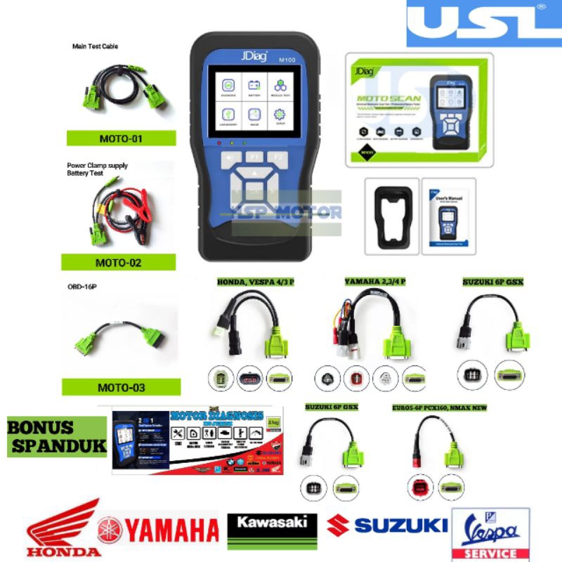 GARANSI Scaner Motor injeksi Universal Honda / Yamaha / Suzuki / Kawasaki JDiag m100 diagnosis tool