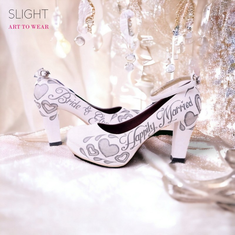 SLIGHT Sepatu Chunky Amour Putih Wedding Shoes High Heels Lukis | Sepatu pesta 10cm