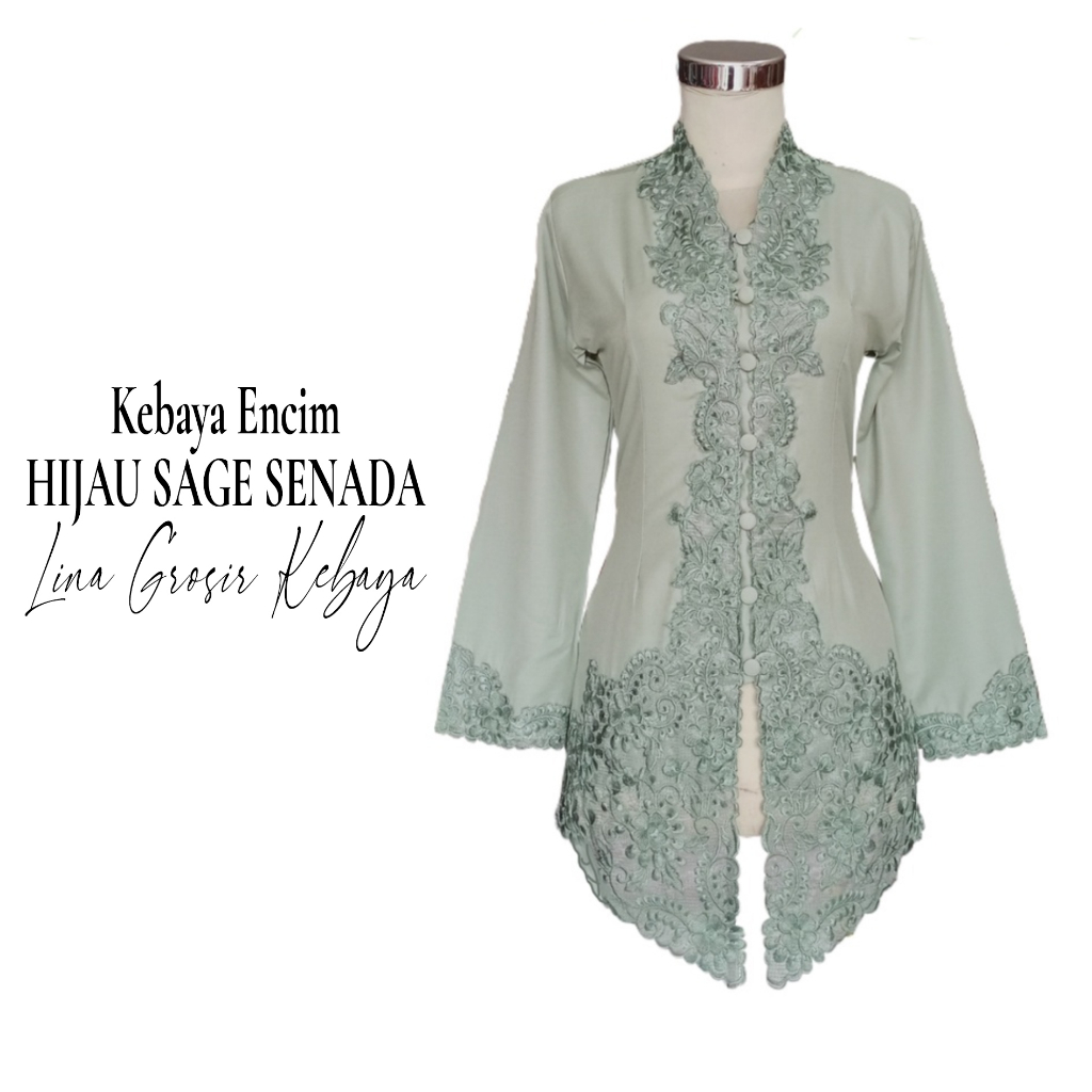 Kebaya Encim Katun Stretch Hijau Sage Lengan Panjang