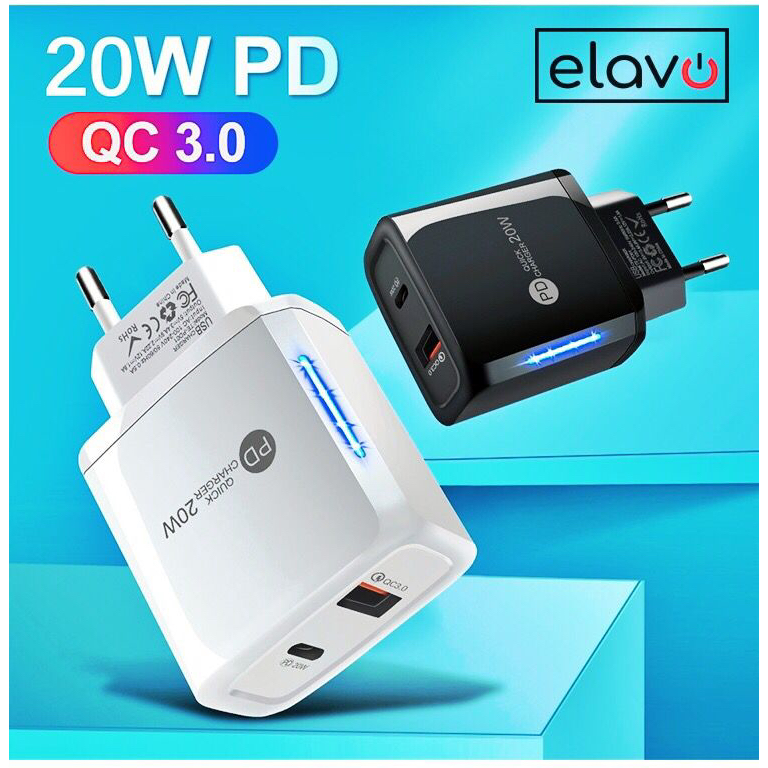 Elavo Adaptor 3A cocok untuk iphone android 20W QC3.0 USB Type C Quick Fast Charge 3.0 QC PD Charger