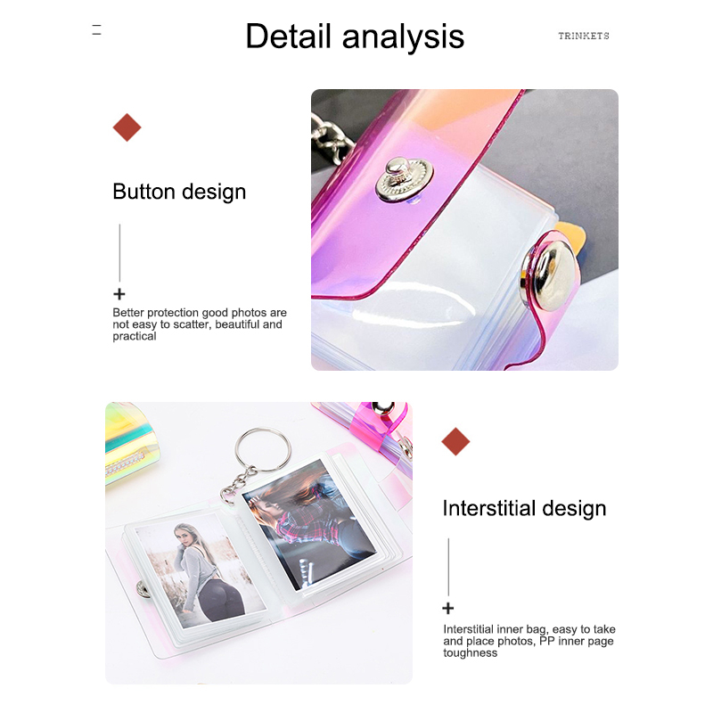 COD✨Mini 1&amp;2 Inch Photo Album 16 Pockets INS Jelly Color Glitter Transparent ID Card Holder Keychain Pendant Gantungan Album Foto Mini Portable Untuk Anak Perempuan-Yinmer