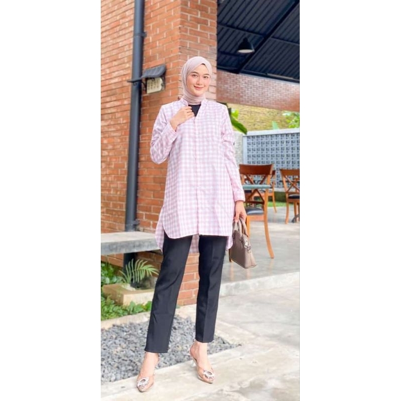 Baju Atasan Tunik Wanita Katun Polycombi Kotak Long Tunik Kemeja
