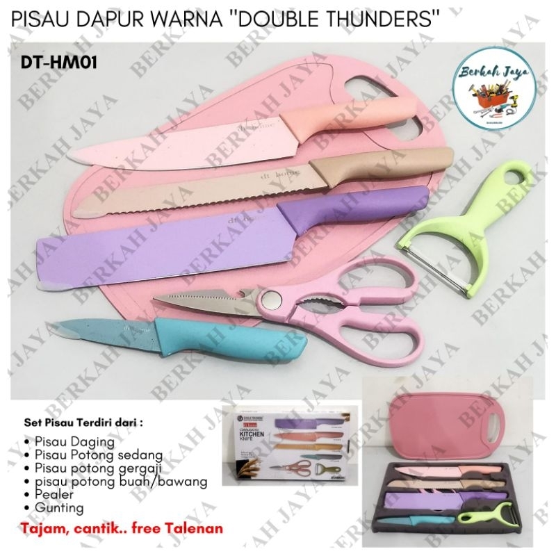 Pisau Dapur DOUBLE THUNDER 6 pcs set Tajam Kitchen Knife warna warni DT 6 pcs Free Talenan | lading 