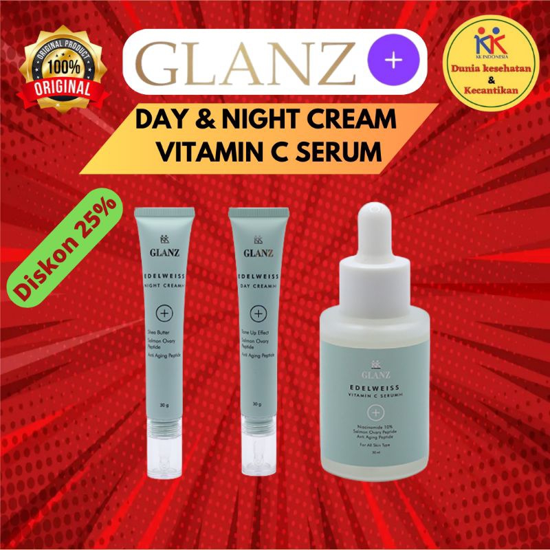 GLANZ+ Edelweiss Day Cream Night Cream Vitamin C Serum Skincare Extra Salmon Ovary Original KK Indon
