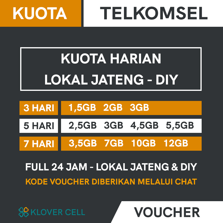 [Kode via Chat] Voucher Kuota Harian Telkomsel JATENG & DIY 1,5GB 2GB 3GB 3,5GB 4,5GB 5,5GB 7GB 10GB