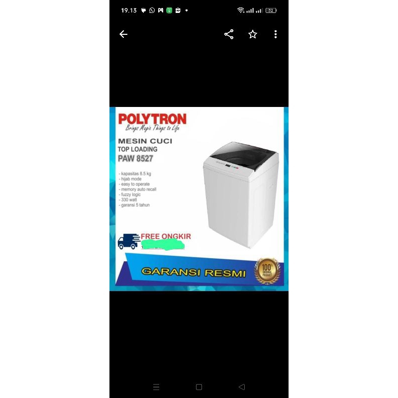Mesin cuci polytron 8kg PAW8527
