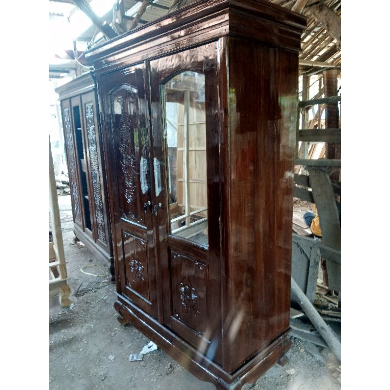 lemari pakaian kayu 2 pintu ful kayu & cermin ful jati