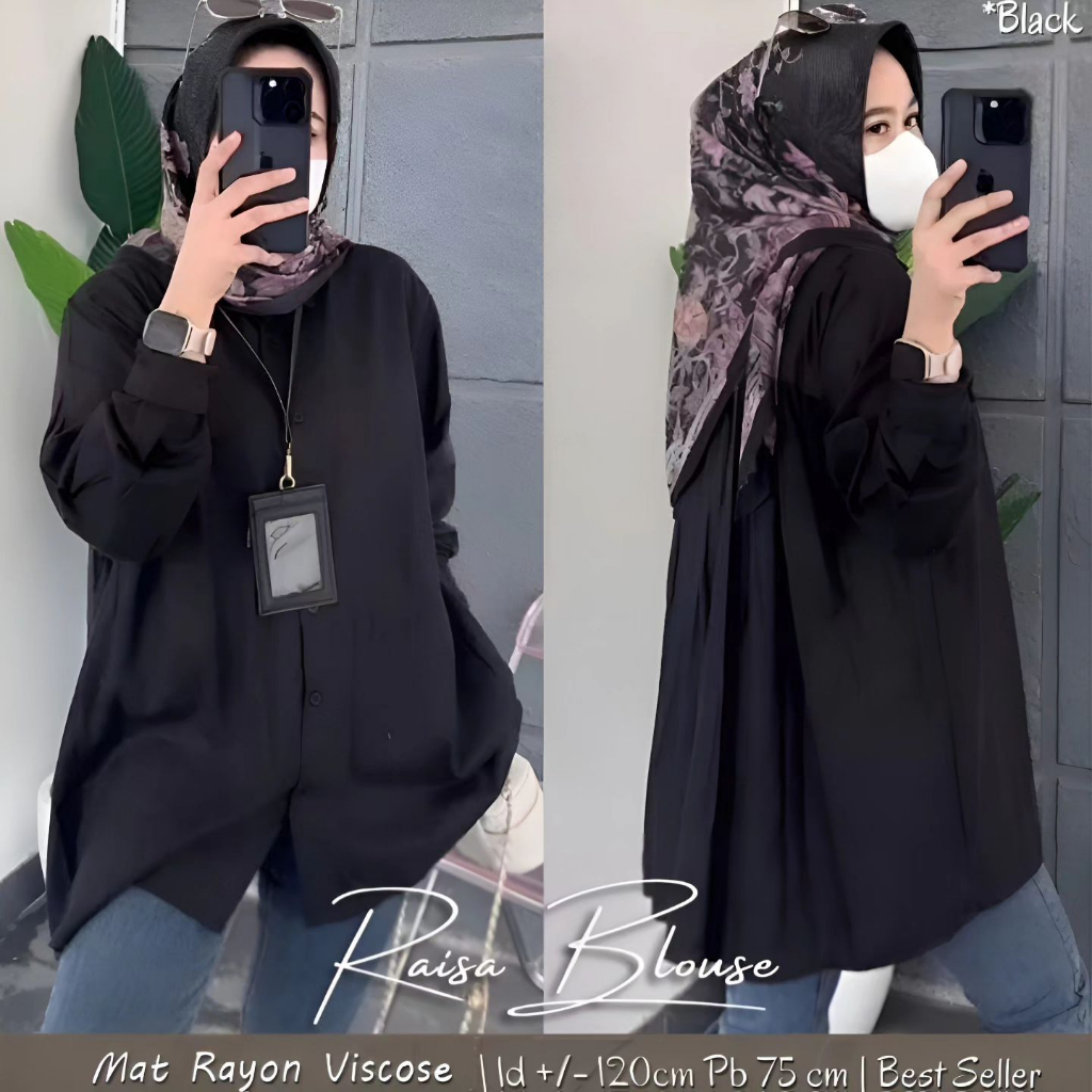 Kemeja Basic Polos Raisa Blouse Cewek Korean Style Terbaru Bahan Rayon Viscose Warna Hitam Putih Gre
