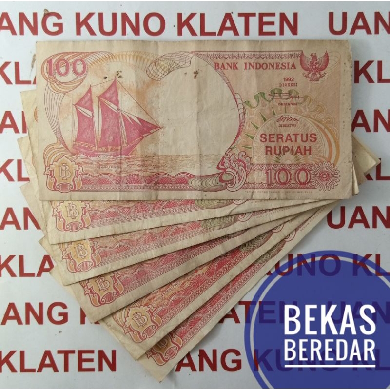 asli Bekas 100 Rupiah Perahu Pinisi Tahun 1992 Kapal Bukan Layar 1991 uang kuno kertas duit lawas lama Indonesia Original