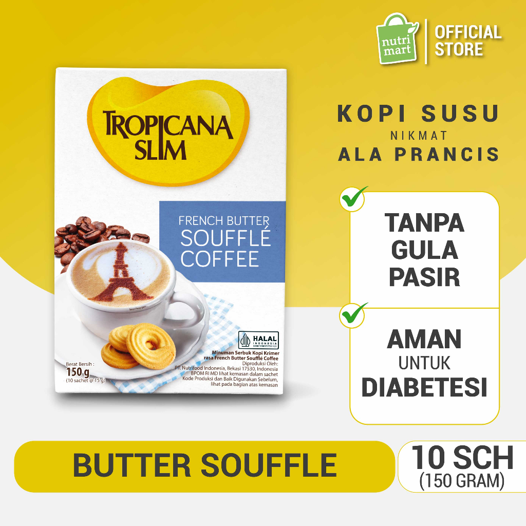 

Tropicana Slim French Butter Souffle Coffee 10 Sachet - Kopi Susu ala Perancis Nikmat Tanpa Gula Pasir