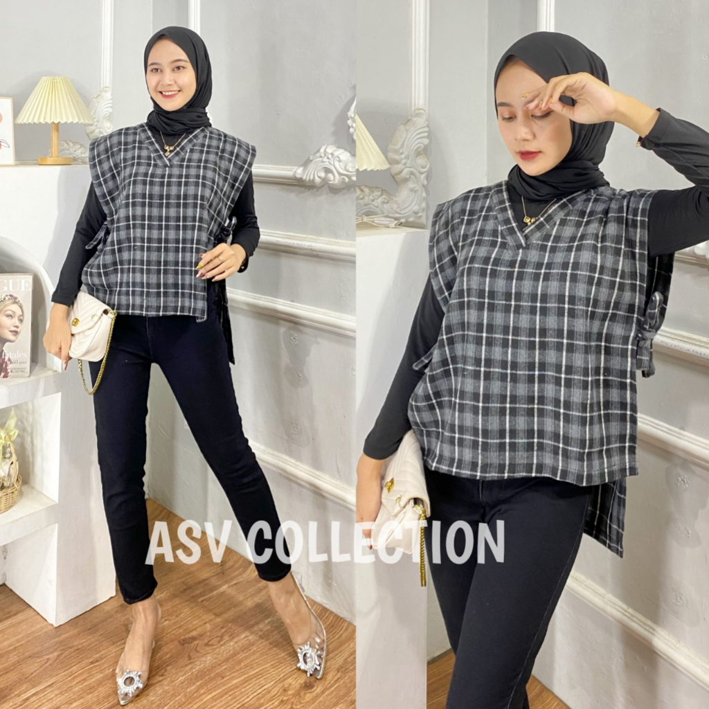 Vest Flanel Tali Samping Wanita / Korean Style Rompi Kotak Premium