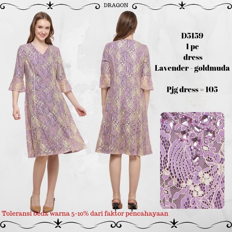terusan / dress Dragon D5159 ungu lavender gold muda brukat