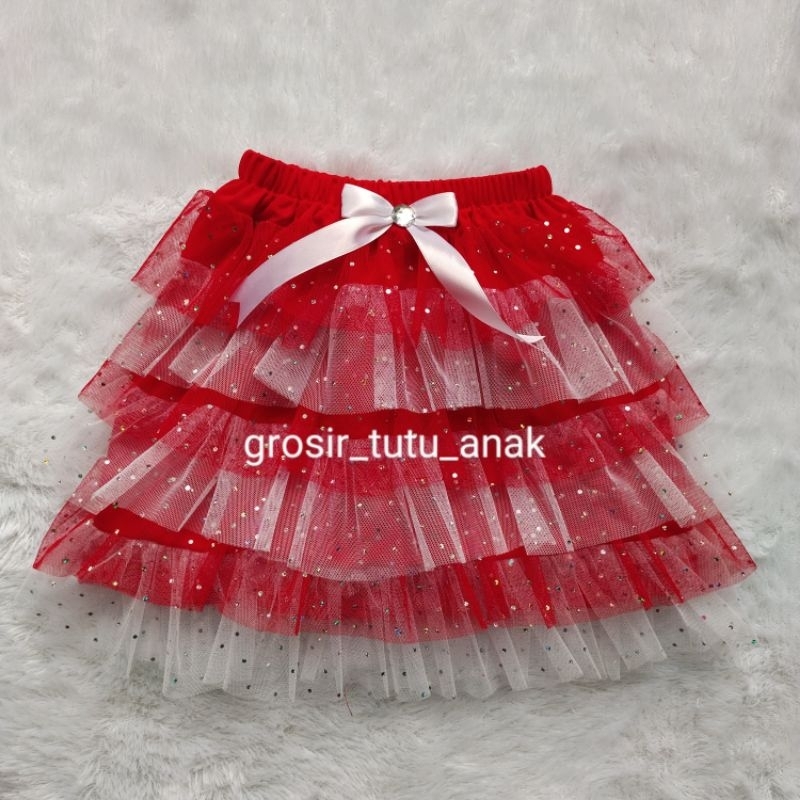 Clara Rok Tutu Susun Tile Glitter Usia 1-12 Tahun - Rok Tile Merah Putih - Rok Pendek Anak Perempuan