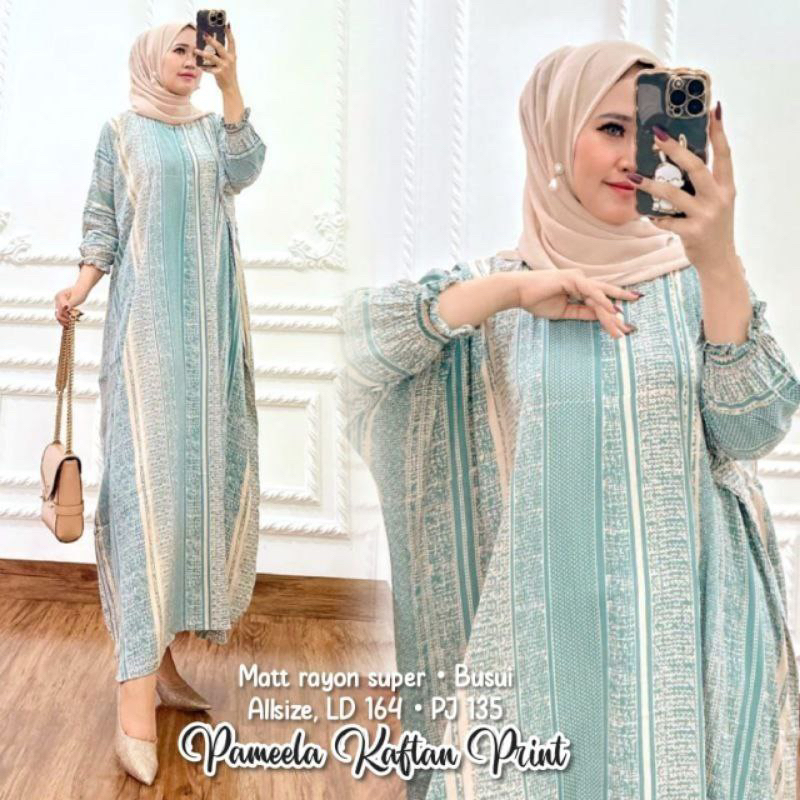 Kaftan Wanita Jumbo - Pameela Kaftan Rayon Jumbo Maksi Motif Elegan Busui Lengan Panjang Rayon Premi