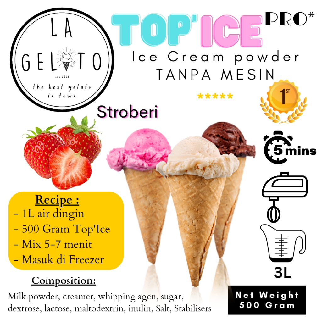 

500gr Bubuk Es krim Top ice tanpa mesin rasa Stroberi