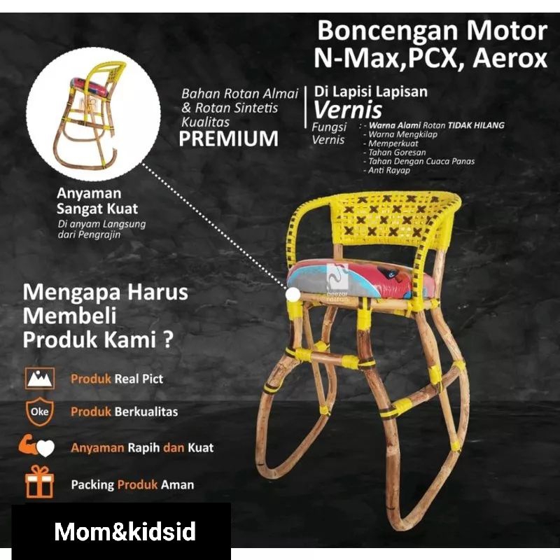 Kursi rotan motor N-MAX, PCX , AEROX/Boncengan motor anak Metic