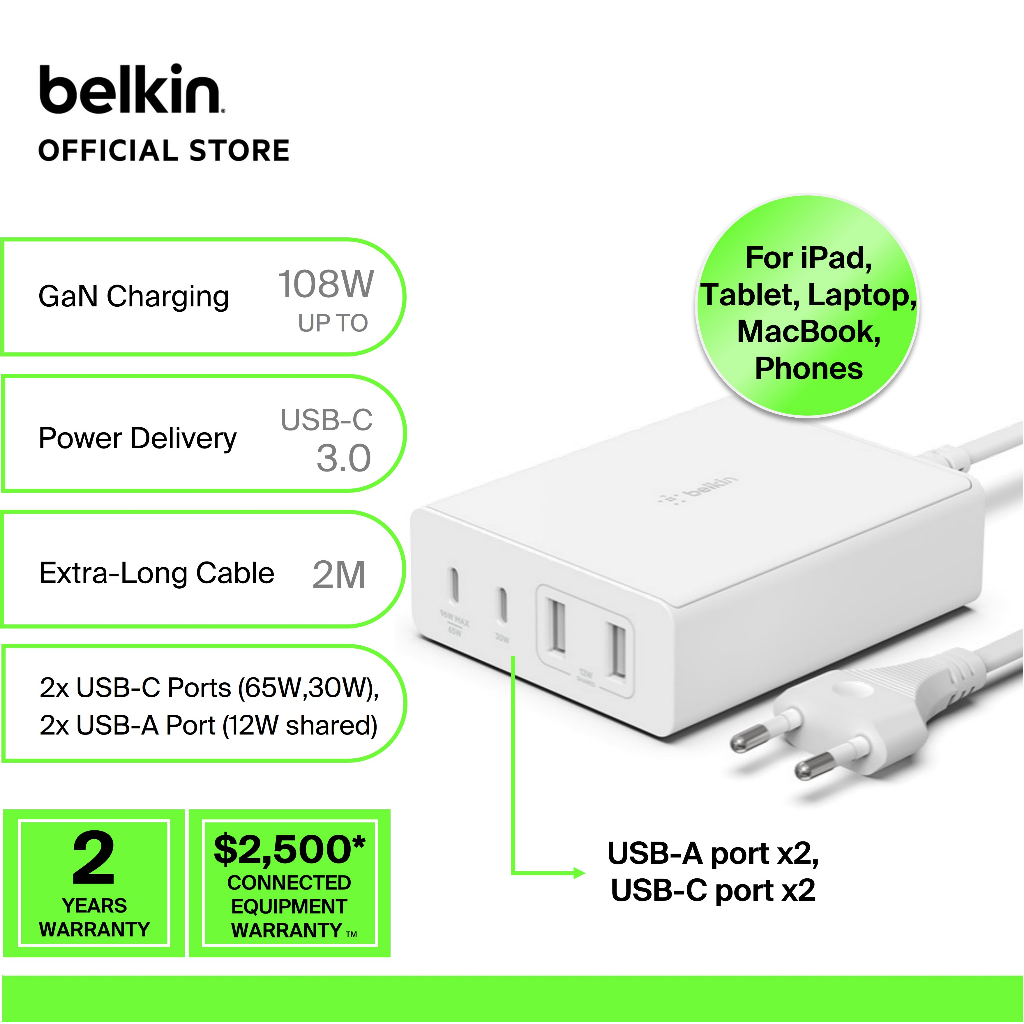 Belkin WCH010KRWH BoostCharge Pro 4-Port GaN Charger 108W+2M Cable (Samsung S23, IPhone, Laptop, Mac
