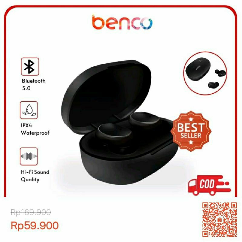(New) BENCO TWS Headset Bluetooth 5.0 HD Earphone Wireless Touch IPX4 Anti Air dapat Case Charging