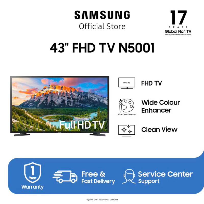 [0% Paylater] Samsung N5001 43 inch, Digital LED TV, Full HD with Wide Colour Enhancer, Clean View, Dolby Digital Plus, HDMI/USB - UA43N5001AKPXD