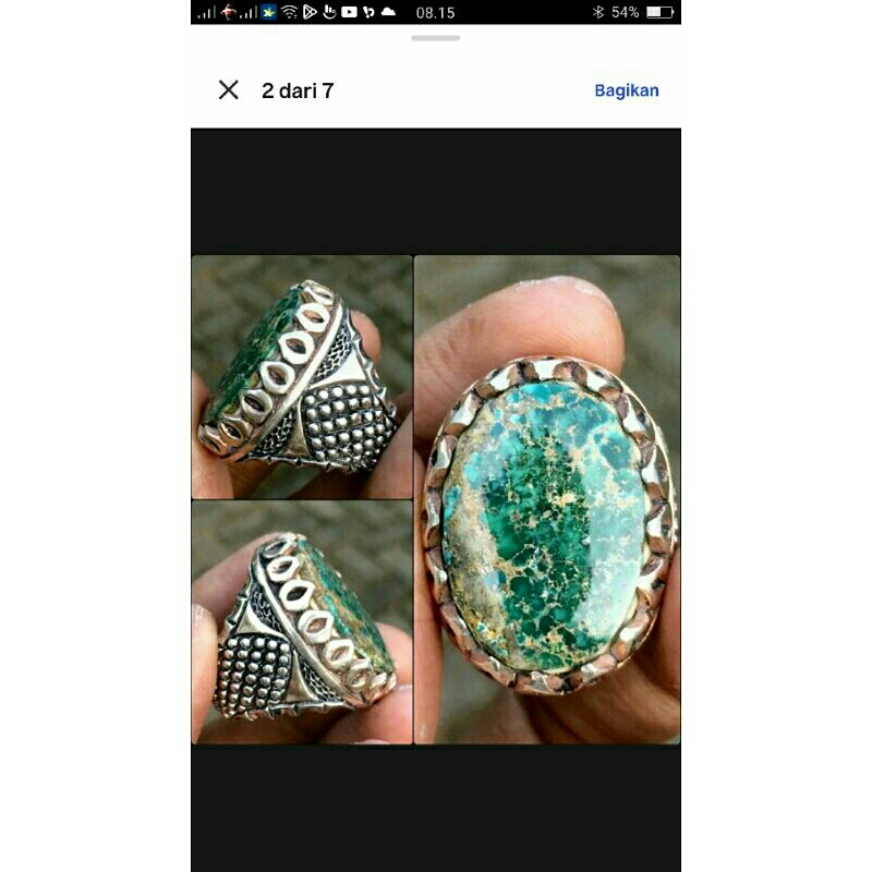 Cincin Batu Natural Persian Turquoise atau Pirus Persia. Warna Hijau Tua Gradasi Urat Emas. Ring Per