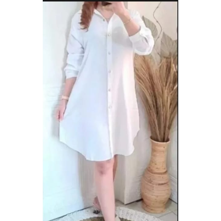 Kemeja Tunik Putih Polos Wanita Remaja Dewasa Terbaru Bahan Crinkle Airflow Simple Elegan Kekinian