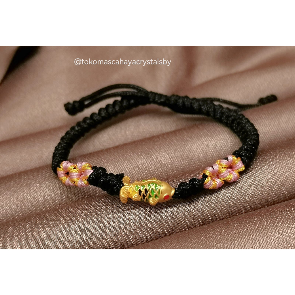 Gelang Tali Emas Charm Ikan Koi Hijau Kuning Hitam Emas Asli 24k HK Hongkong 999% - Bracelet