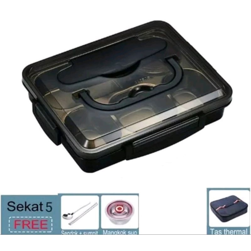 

Ready Kotak makan sekat 5 stainless lengkap tempat sop, sendok, sumpit dan tas