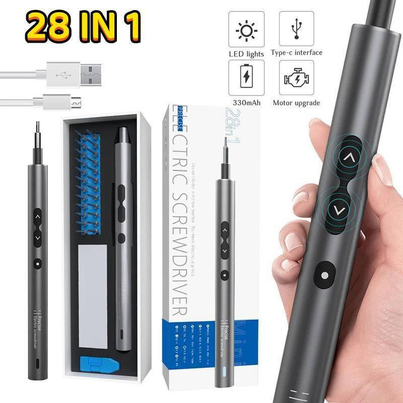 【Ready stok】Obeng，28 Pcs Bor Mini, Obeng Listrik, Obeng Multifungsi, Obeng Listrik dengan Lampu LED