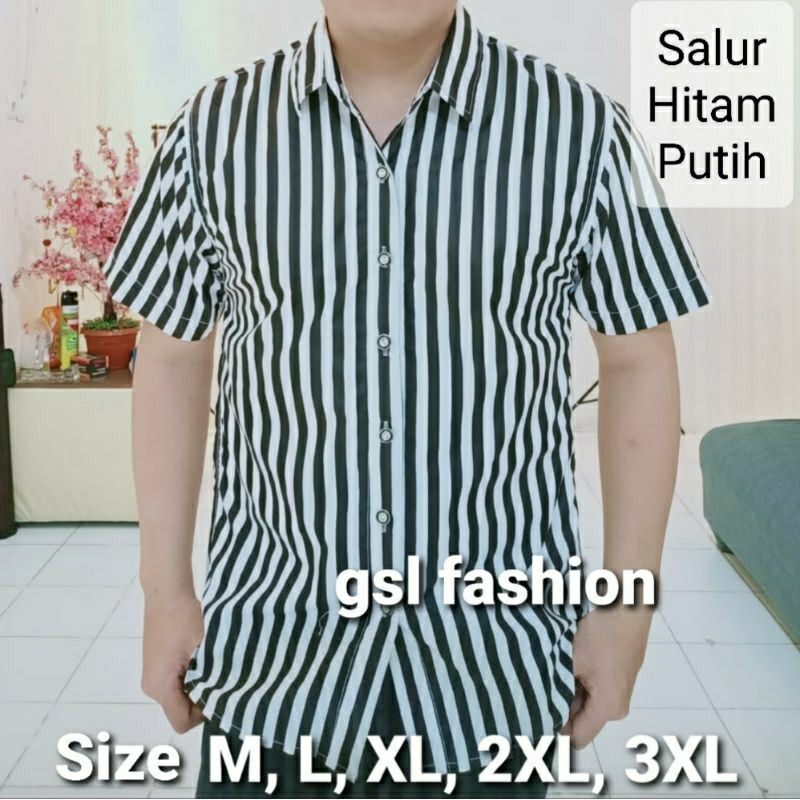 Kemeja Garis Salur Hitam Putih Lengan Pendek Casual Ganjar Pranowo Atasan Hem Cowok Stripe Black Whi