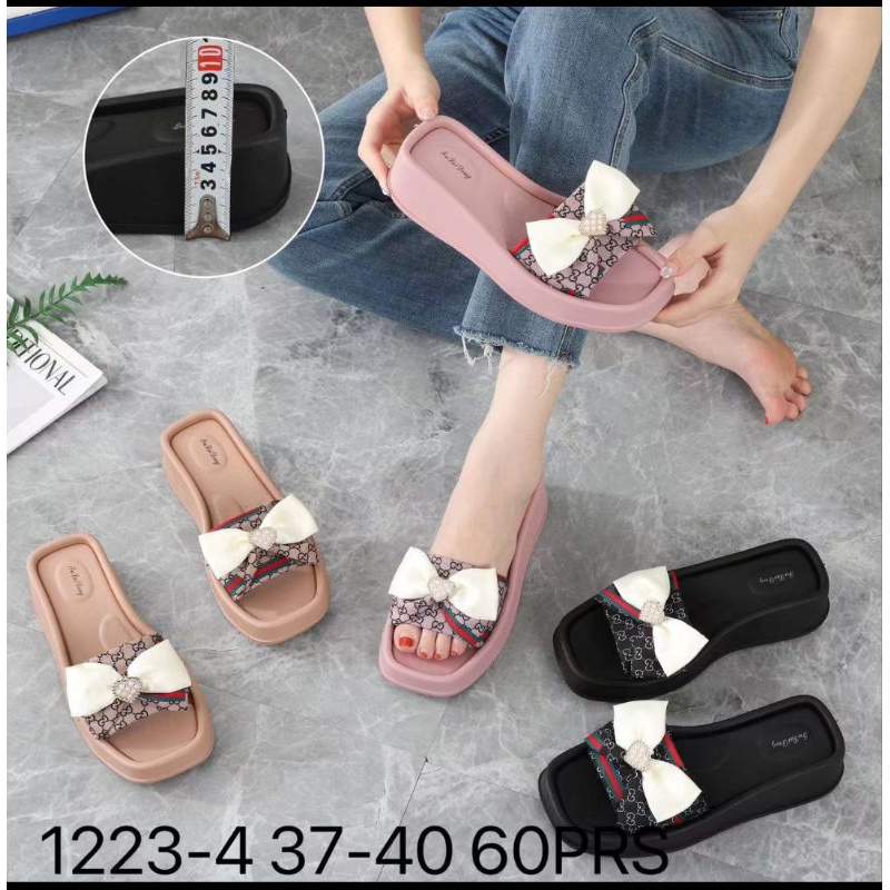 Sandal Selop Jelly Wedges Wanita Motif Pita Mutiara Gucci Fashion Terbaru 1223-4