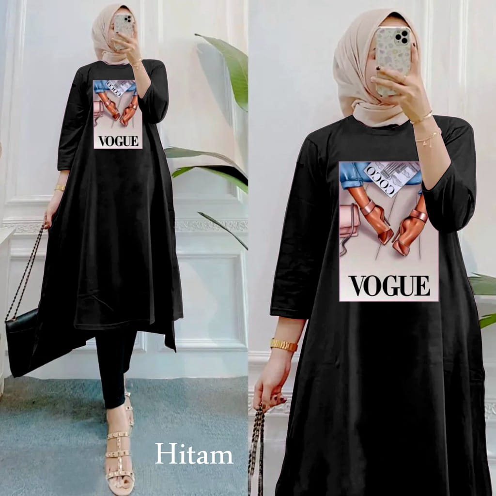 GAMIS TERBARU VOGUE MIDI DRESS BO SIZE S M L XL DAN XXL JUMBO BAHAN KAOS KATUN COMBED 24S APK SABLON