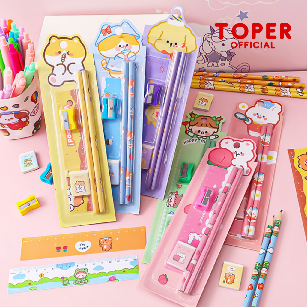 

TOPER Alat Tulis Set 5in1 Stationery Sekolah Lucu Karakter Full Color Pensil Estetik Imut Aesthetic Berwarna