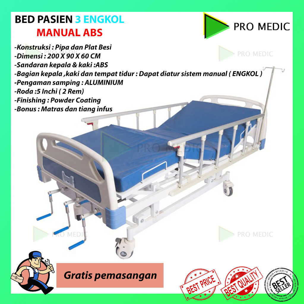 Bed Pasien Rumah Sakit 3 Engkol Manual | Tempat Tidur Pasien 3 Crank
