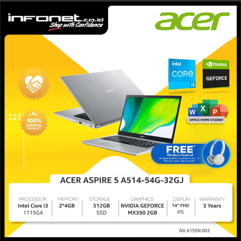 ACER ASPIRE 5 A514-54G-32GJ i3 1115G4 8GB 512GB MX350 2GB 14 W11 OHS2