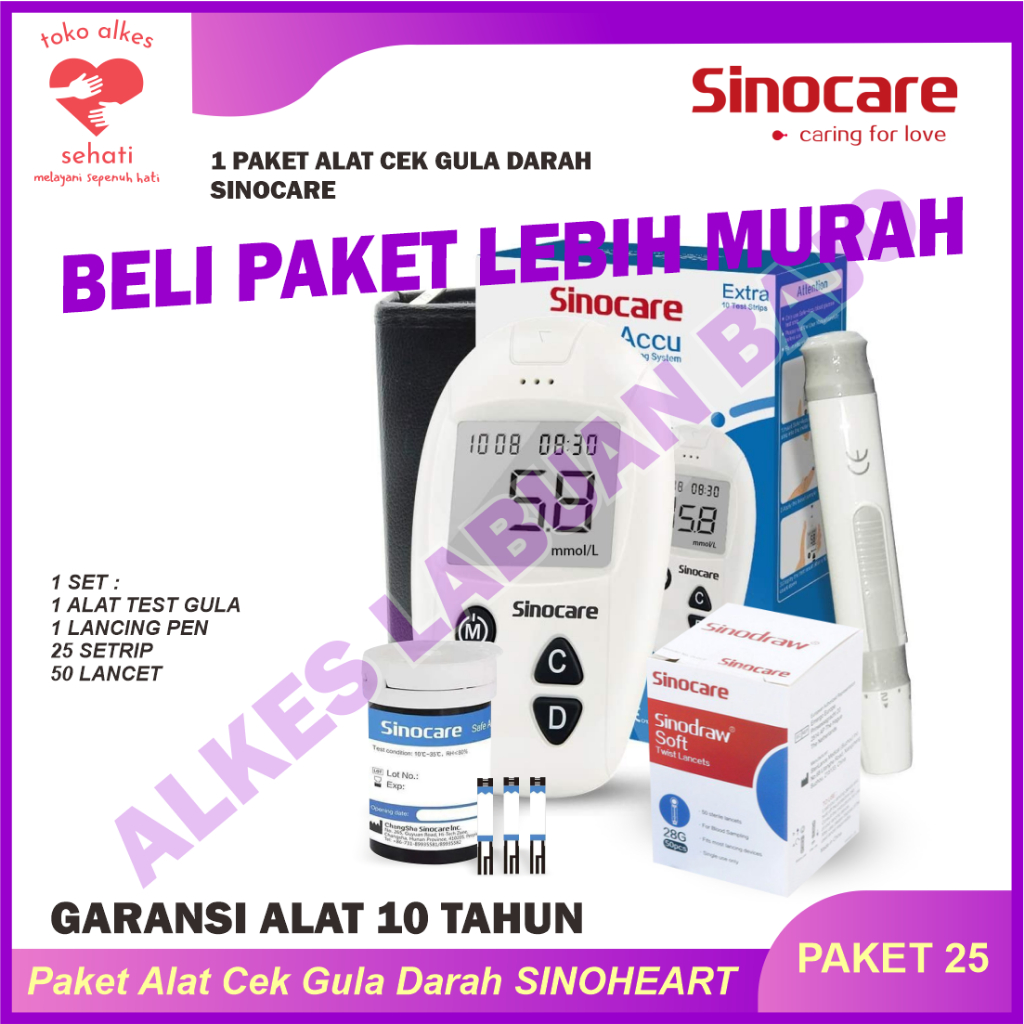 PAKET Murah Sinocare Sinoheart Safe Accu 1 Alat Tes Gula Darah Glukosa 1 Paket Lengkap