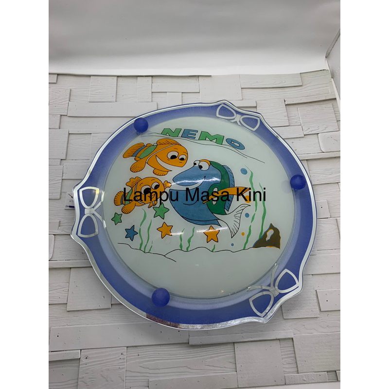 lampu plafon Led anak kaca bulat lis kaca biru motif Nemo