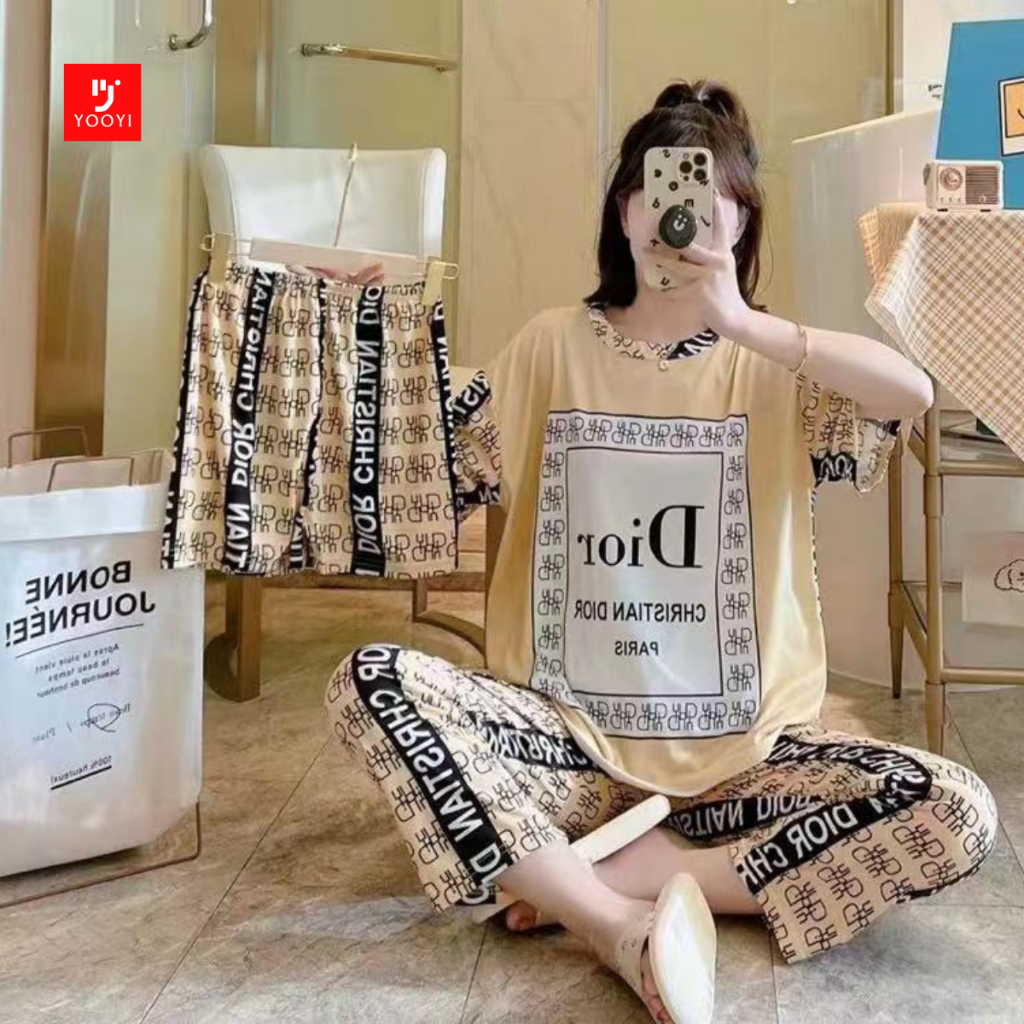 Yooyi Baju Tidur Wanita 3 In 1 Lengan Pendek Piyama Setelan Perempuan Dewasa Celana Panjang dan Cela
