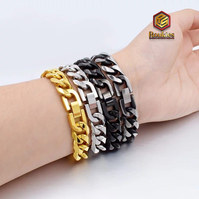 Gelang Tangan Pria Titanium Rantai Cuban Lebar 9mm