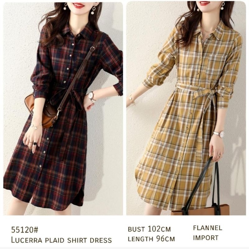 55120 Pakaian midi dres dress tunik lengan panjang kotak kancing kerah kemejapanjangdress cokelat ma