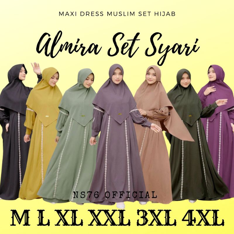 ALMIRA GAMIS SET SYARI PLUS HIJAB READY STOK UKURAN M L XL XXL XXXL XXXXL GAMIS BUSUI FRIENDLY GAMIS