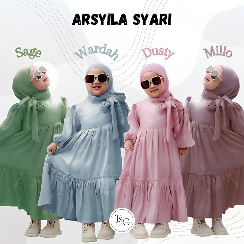 Gamis Anak Shimmer Silk Polos Premium Usia 5 6 7 8 9 10 Tahun Arsyila Dress Plus Hijab Pakaian Muslim Anak Perempuan Terbaru