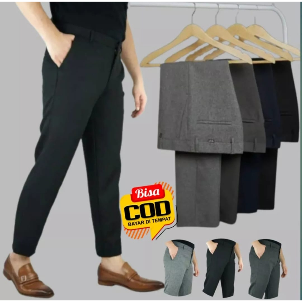 (EKSKLUSIVE PREMIUM) Celana Kantor Formal Kerja Pria Slimfit Bahan Dasar Kain Hitam Abu Tua Abu Muda