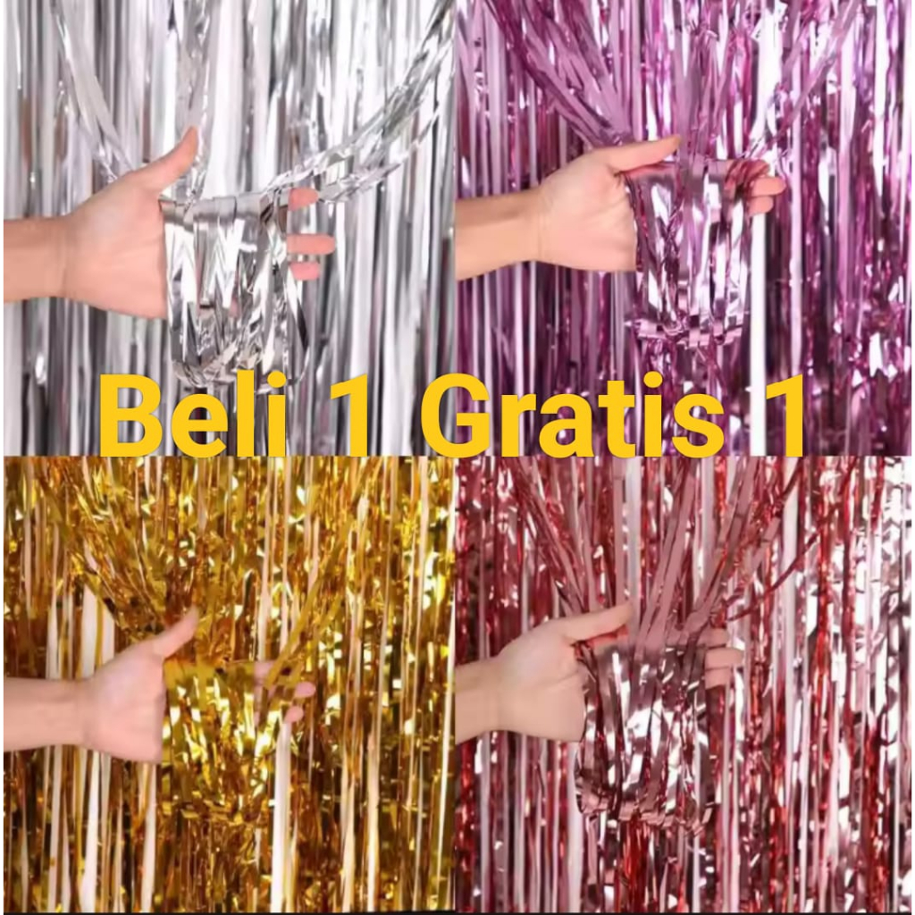 Promo Beli 1 Gratis 1 Tirai Foil / Back Drop Rumbai / Tirai Rumbai / Foil Curtain Warna Rose Gold Si