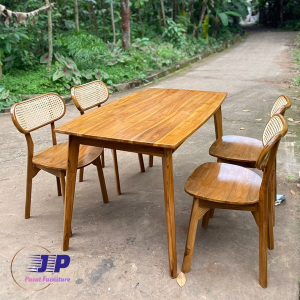 Meja makan kayu set 4 kursi rotan kayu jati - kursi makan rotan