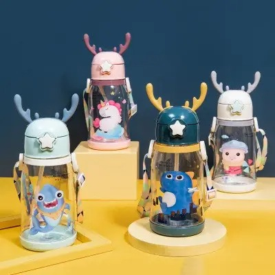 Botol Minum Anak Sedotan Tanduk Rusa Tali 600ML Botol Minuman Viral Unik Kecil Wadah Minum Cute Anti