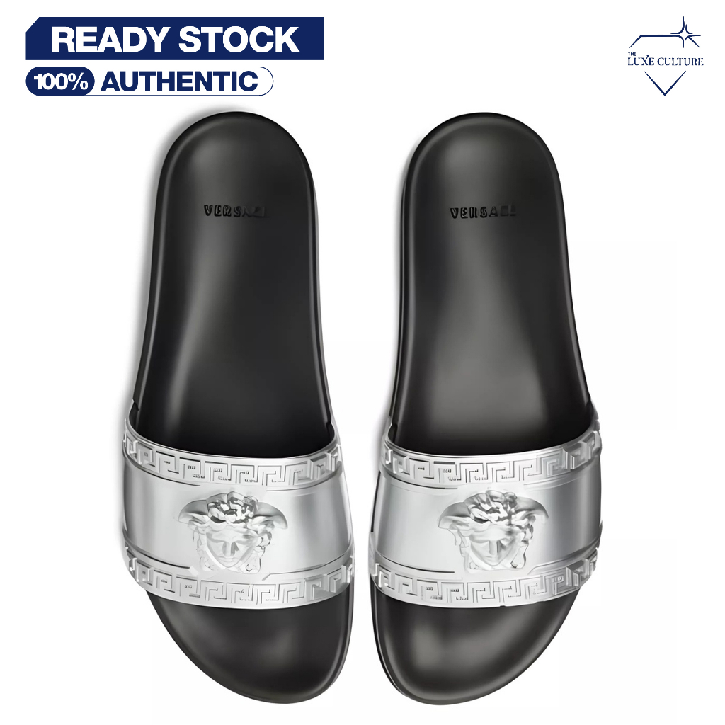 Versace Silver Metallic Black Slide Slippers / Sandal Pria Branded Original