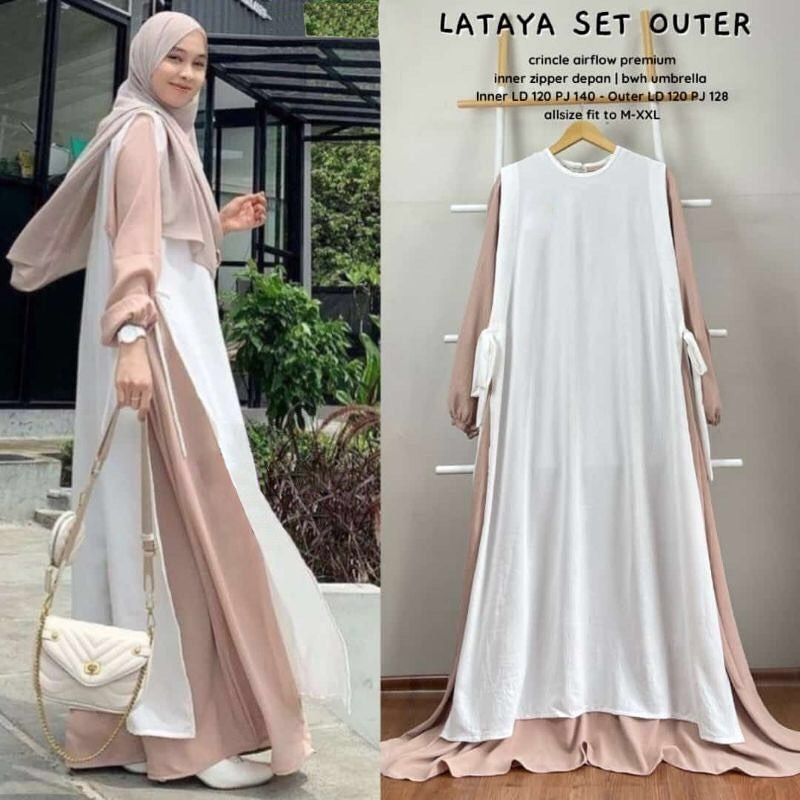 Kinaan - Lataya Iner+Outer Set Dress Terbaru 2023 Lebaran Wanita / Bahan Crinkle Airflow / Gamis Kon