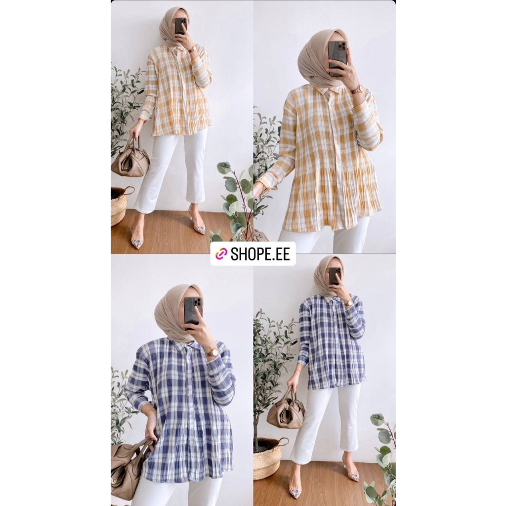 BLOUSE KEMEJA PLEADS OVERSIZE MOTIF KOTAK FULL PRINT TANGAN PANJANG PREMIUM WANITA ATASAN BLOUSE KEM