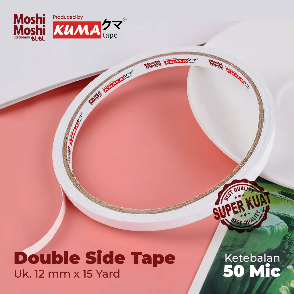 

Double Tape Moshi Kuma 12mm Stationery Kantor Perekat Kuat 15 Yard