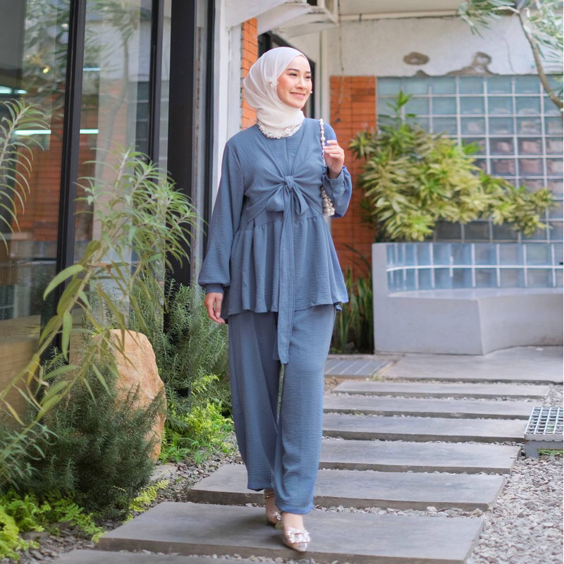 one set bahan crinkle airflow/oneset crinkle/baju setelan wanita hijab